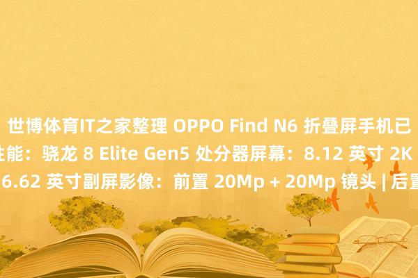 世博体育IT之家整理 OPPO Find N6 折叠屏手机已曝光果然立如下：性能：骁龙 8 Elite Gen5 处分器屏幕：8.12 英寸 2K LTPO UTG 主屏 | 6.62 英寸副屏影像：前置 20Mp + 20Mp 镜头 | 后置 50Mp + 50Mp + 200Mp 镜头组合 | 配备 2Mp 多光谱镜头电板：2700mAh+3150mAh＝5850mAh / 6000mAh±T